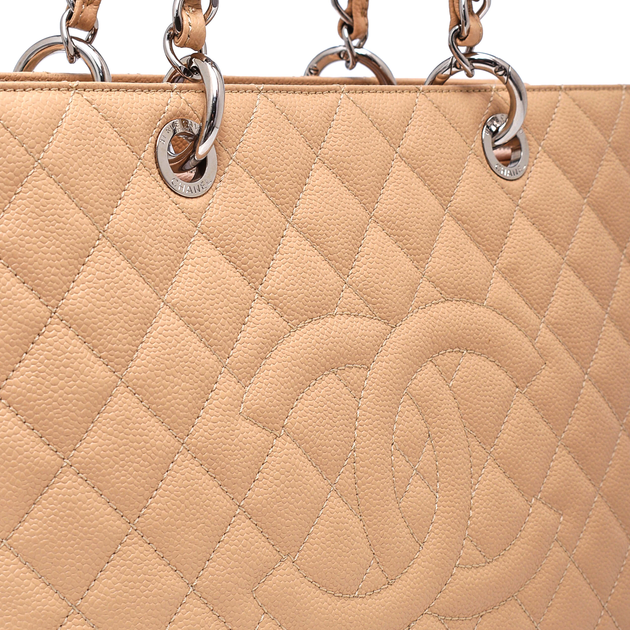 Chanel - Beige Quilted Caviar Leather Grande M GST Shopping Tote Bag